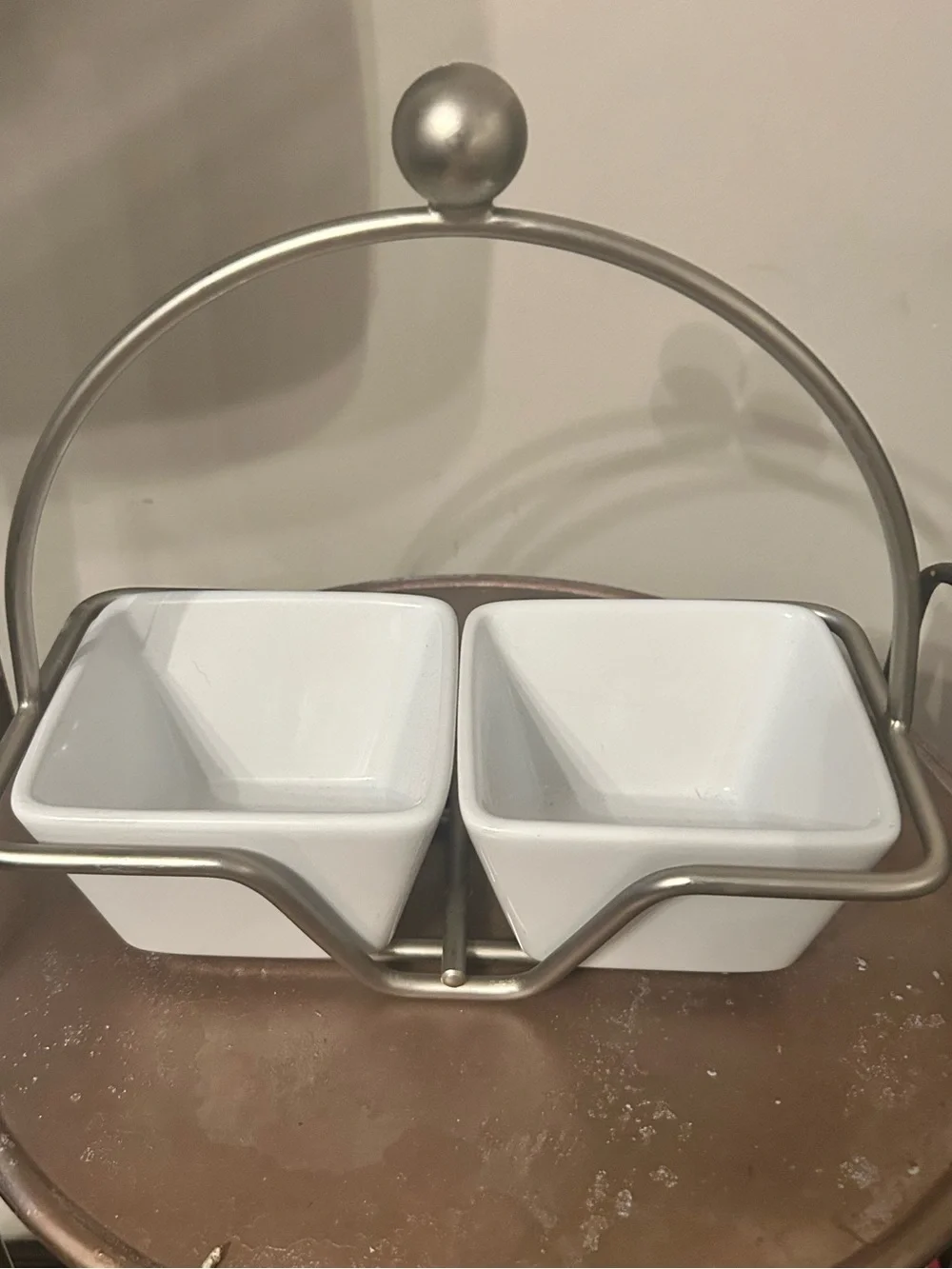 The Pampered Chef White Ceramic Double Dip Bowl Set with Metal Stand